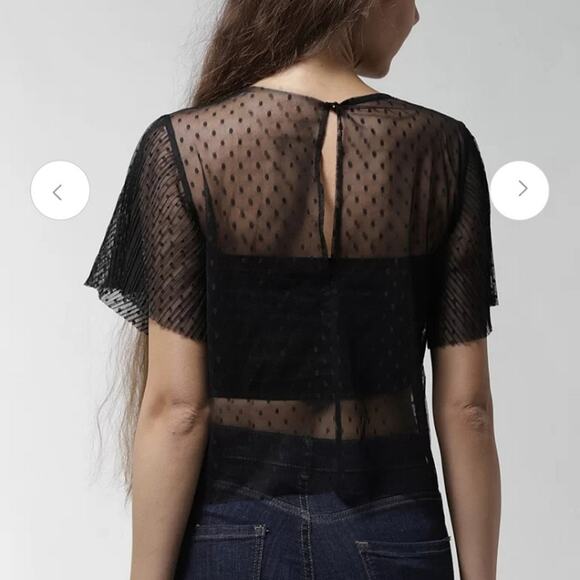 Forever 21 *Flawed* Pleated Sheer Mesh Polka Dot Crochet Lace Grommet Crop Top - Picture 3 of 16